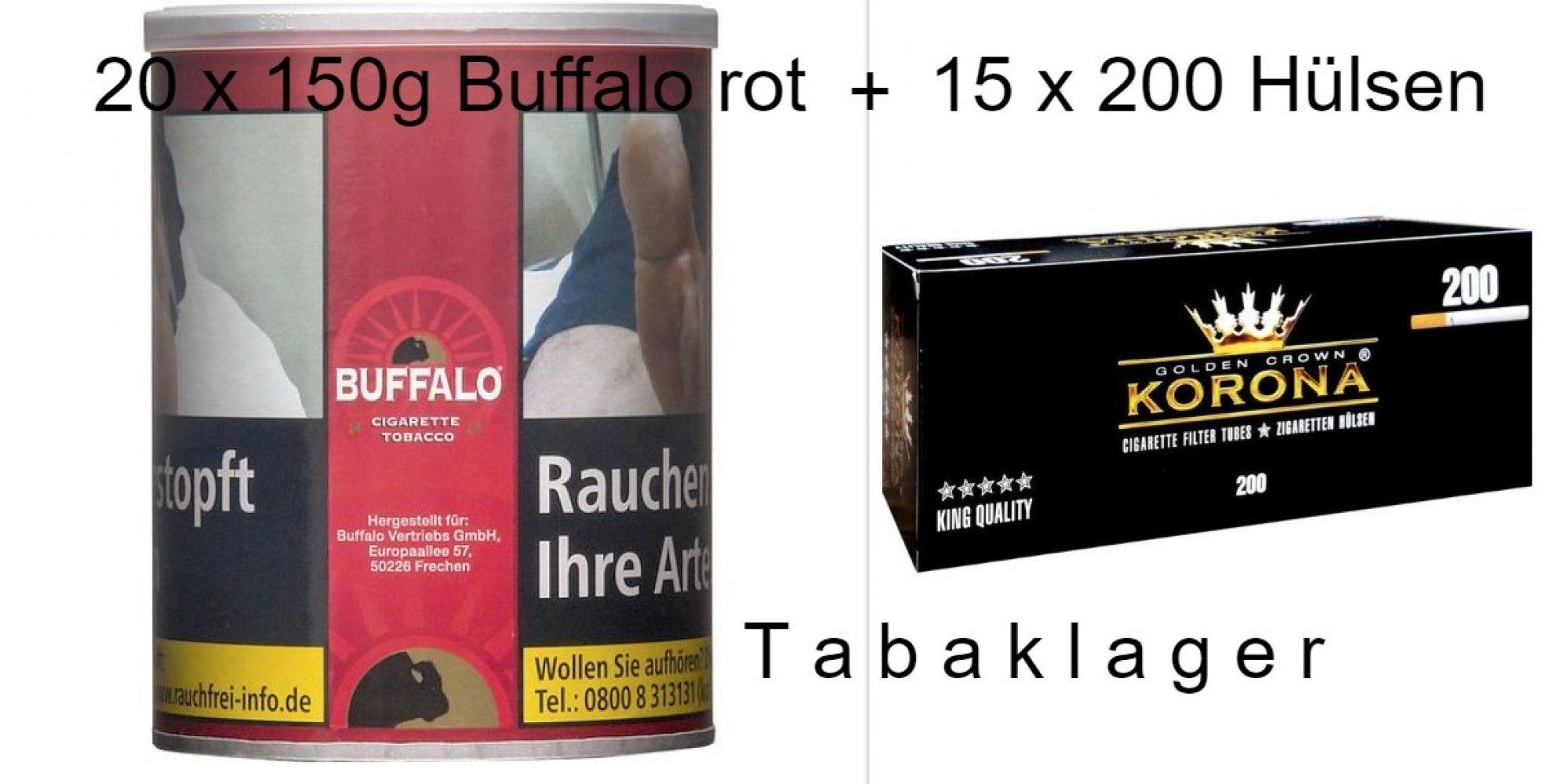 20 x Zigarettentabak 140g Buffalo Red Hülsen